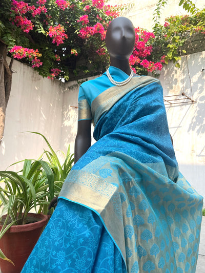 Samudra Blue Cotton Silk Tanchoi Saree