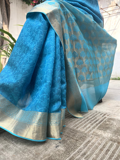 Samudra Blue Cotton Silk Tanchoi Saree