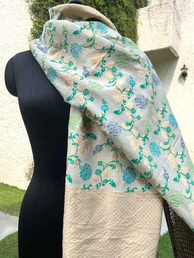 Turkish Cypress Ivory & Blue Moonga Jaal Dupatta