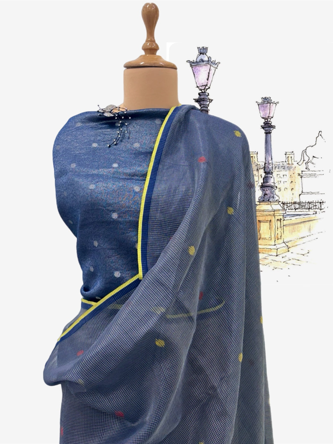 Midnight Blue Jamdani Tissue Checks Sari