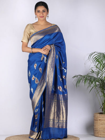 Floating leaves Blue Soft Silk Saree