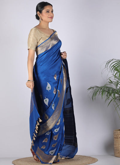 Floating leaves Blue Soft Silk Saree