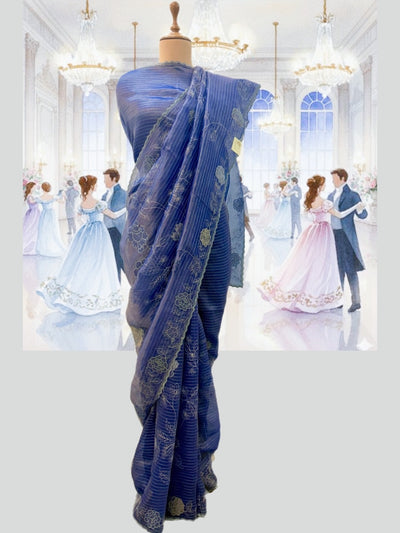 Celebrity Blue Embroidered Tissue Saree