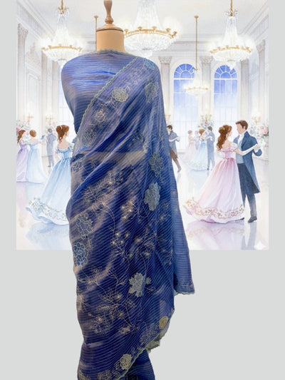 Celebrity Blue Embroidered Tissue Saree