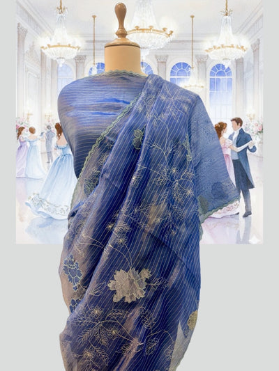 Celebrity Blue Embroidered Tissue Saree