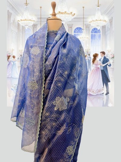 Celebrity Blue Embroidered Tissue Saree