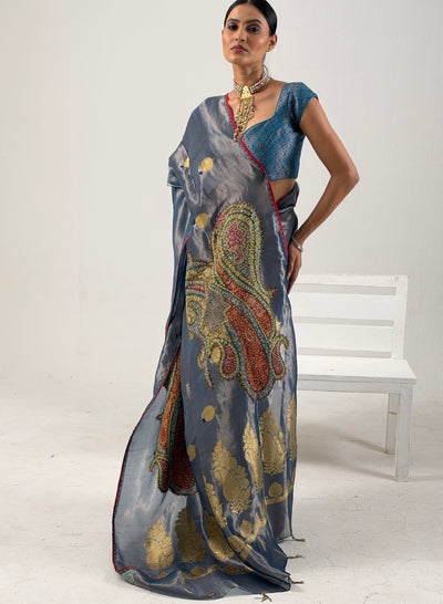 Mehrunisa Blue Embroidered Tissue Sari