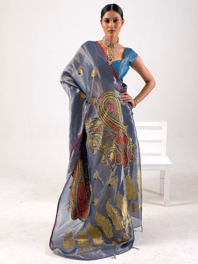 Mehrunisa Blue Embroidered Tissue Sari