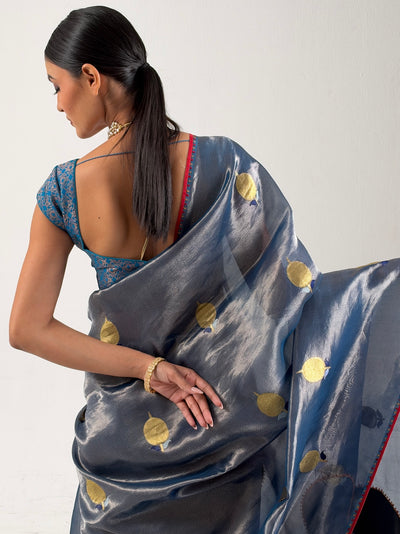 Mehrunisa Blue Embroidered Tissue Sari