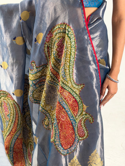 Mehrunisa Blue Embroidered Tissue Sari