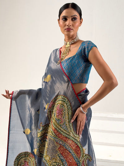 Mehrunisa Blue Embroidered Tissue Sari