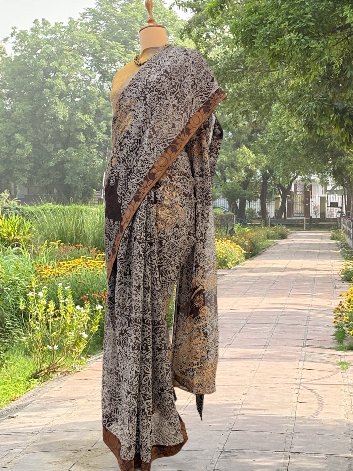 Gilded Brown & Gold Chiffon Sari