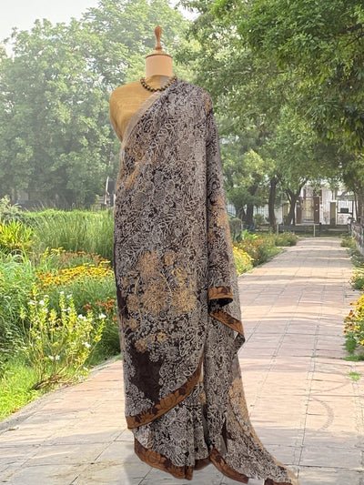 Gilded Brown & Gold Chiffon Sari