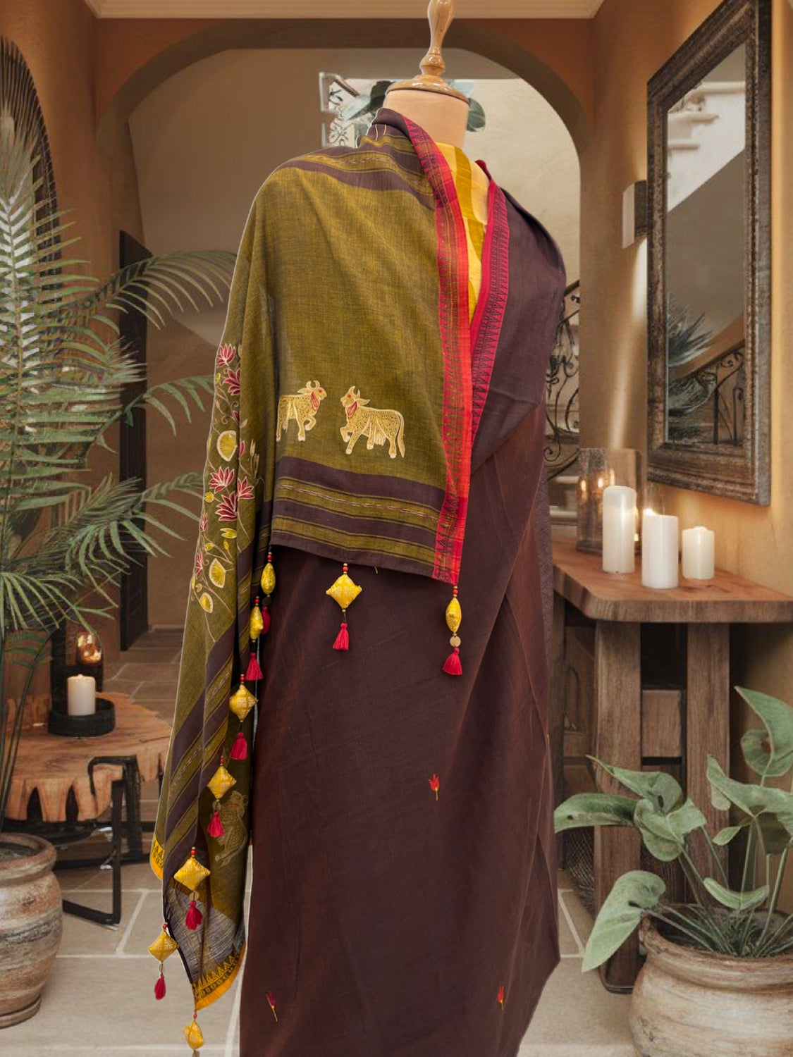 Brown Embroidered Cotton Saree