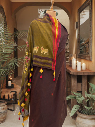Brown Embroidered Cotton Saree