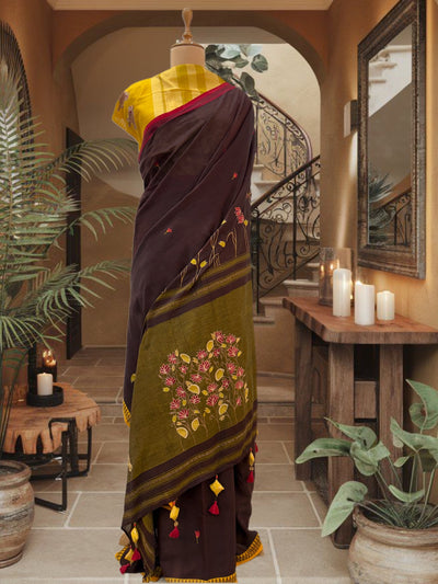 Brown Embroidered Cotton Saree