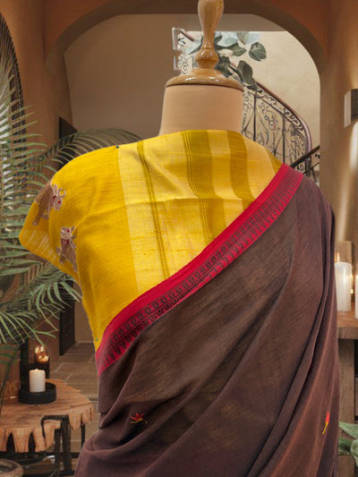 Brown Embroidered Cotton Saree