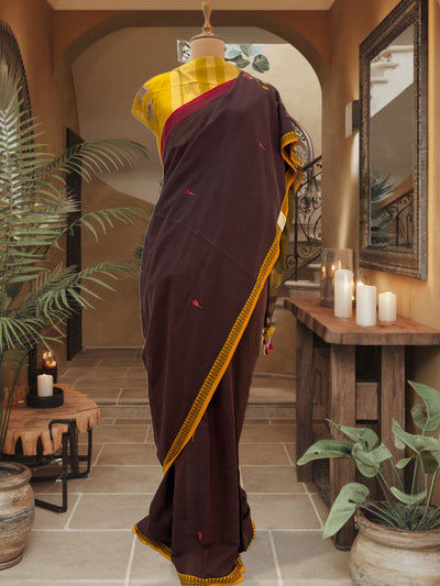 Brown Embroidered Cotton Saree