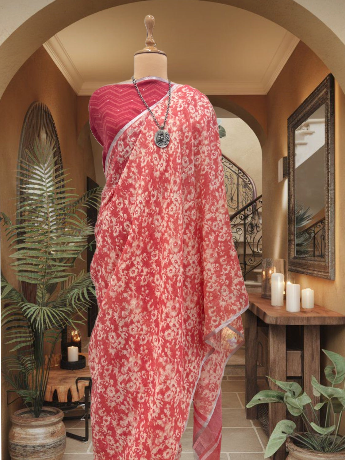 Hawaiian Red Printed Linen Saree