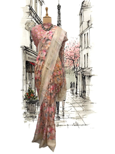 Tres Chic Peach Chiffon Sari