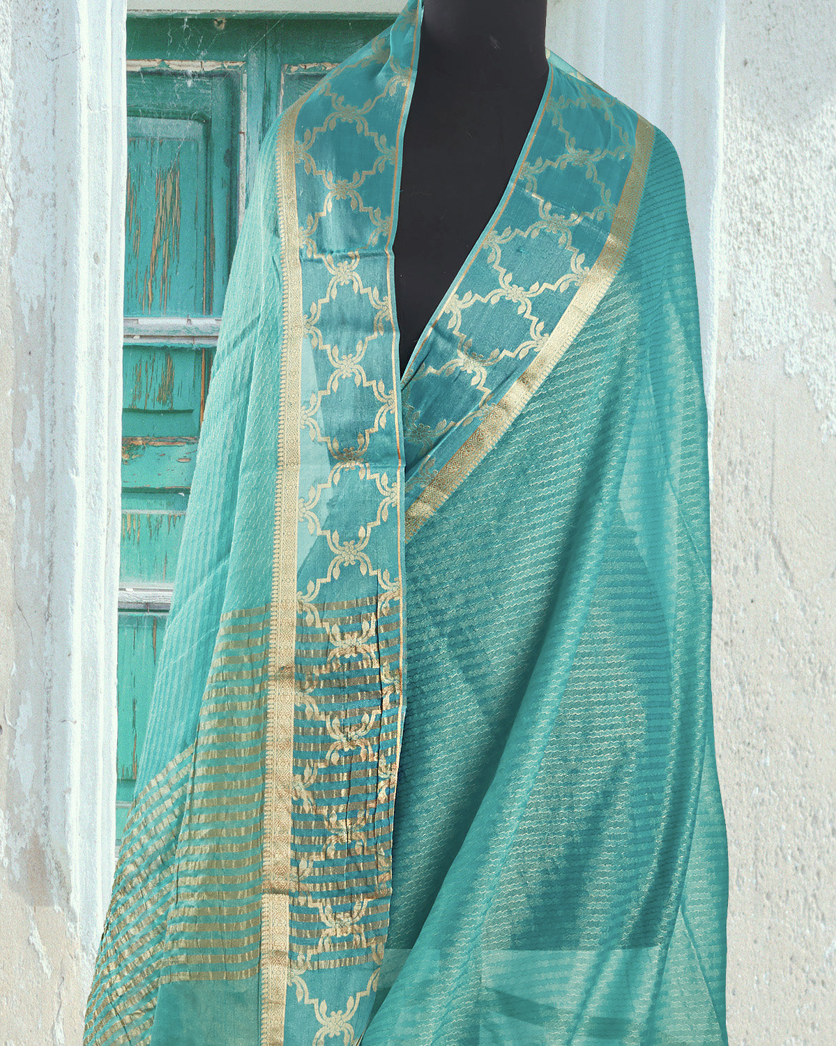 Sultana Turquoise Chiffon Tissue Saree