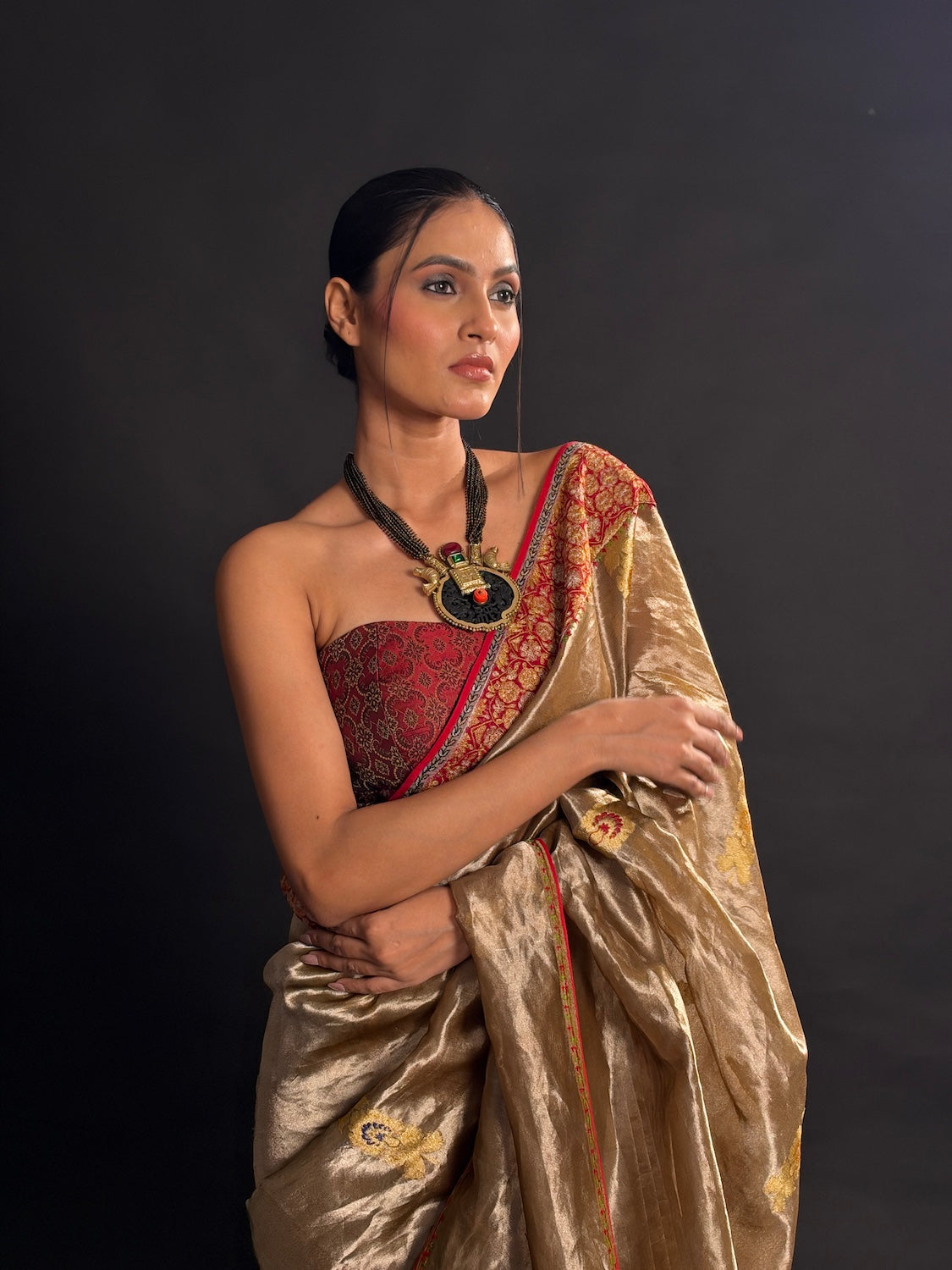 Rajwada Beige Gold Embroidered Tissue Sari