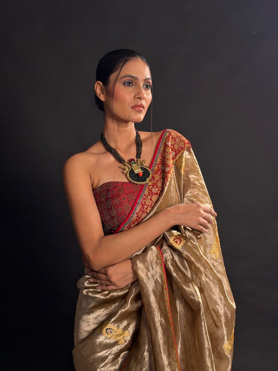 Rajwada Beige Gold Embroidered Tissue Sari