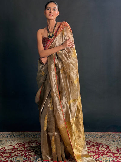 Rajwada Beige Gold Embroidered Tissue Sari