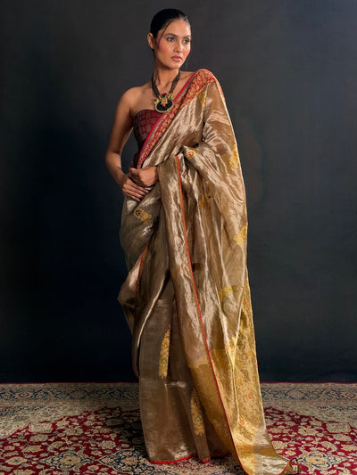 Rajwada Beige Gold Embroidered Tissue Sari