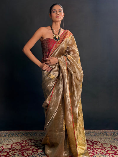 Rajwada Beige Gold Embroidered Tissue Sari
