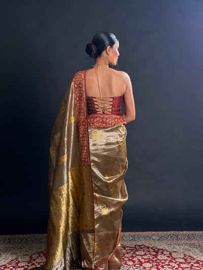 Rajwada Beige Gold Embroidered Tissue Sari