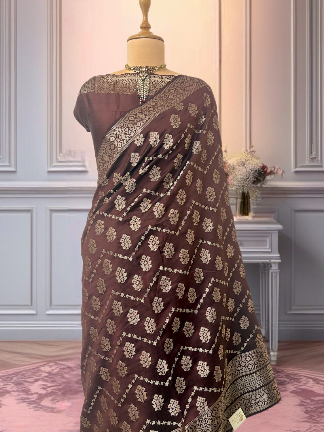 Zuri Brown Chinya Silk Saree