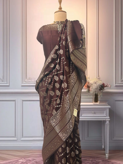Zuri Brown Chinya Silk Saree
