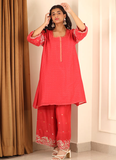 Carrot Red embroidered Coord Set