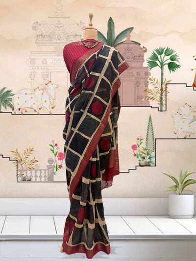 Dhokra Black Boxes Printed Cotton Saree