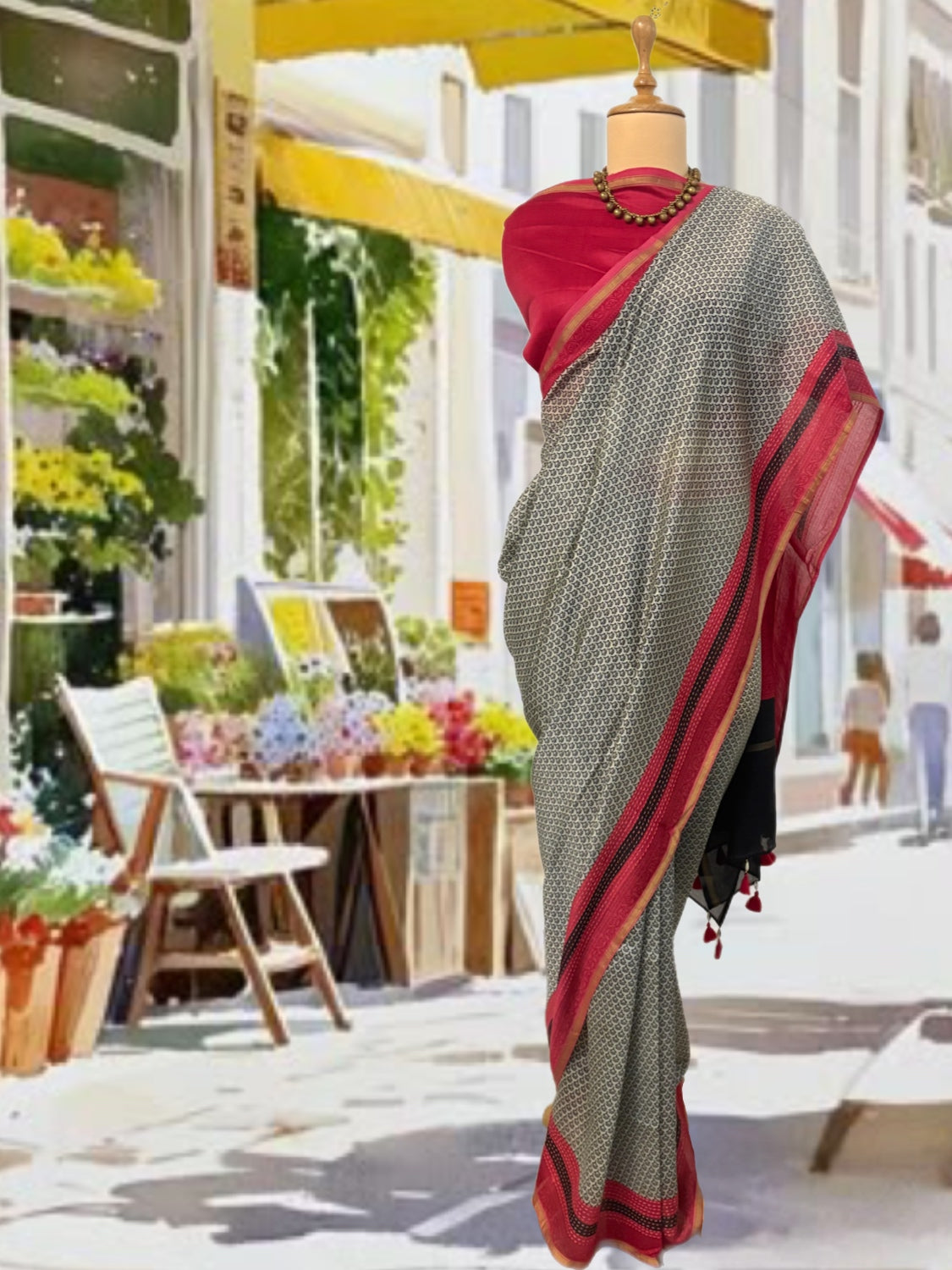 Dorset White & Red Printed Cotton Saree