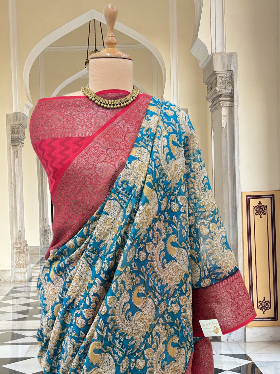 Deccan Blue & Red Printed Cotton Saree