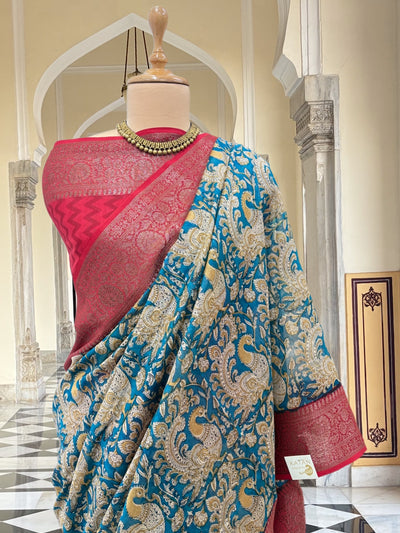 Deccan Blue & Red Printed Cotton Saree