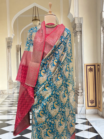 Deccan Blue & Red Printed Cotton Saree