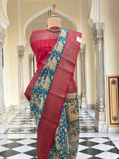 Deccan Blue & Red Printed Cotton Saree