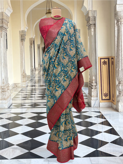 Deccan Blue & Red Printed Cotton Saree