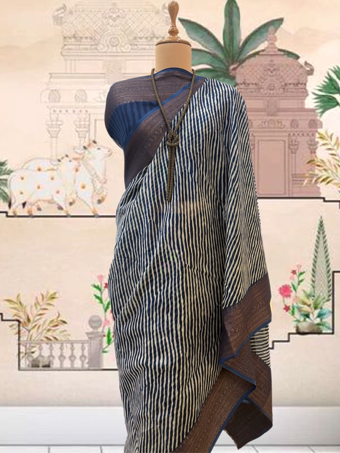 Nadia Blue Printed Cotton Saree