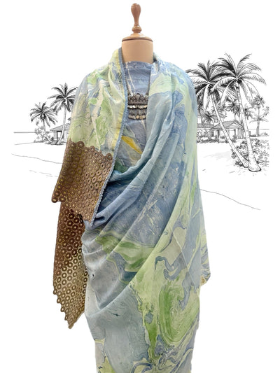 Nevada Blue Hand Painted Cotton Saree