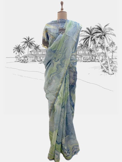 Nevada Blue Hand Painted Cotton Saree