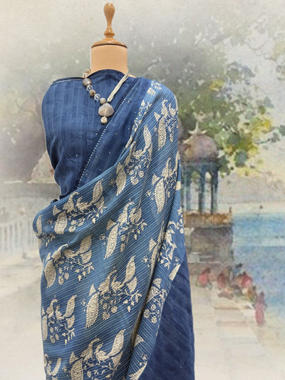 Shekhawat Blue Mirror Cotton Saree