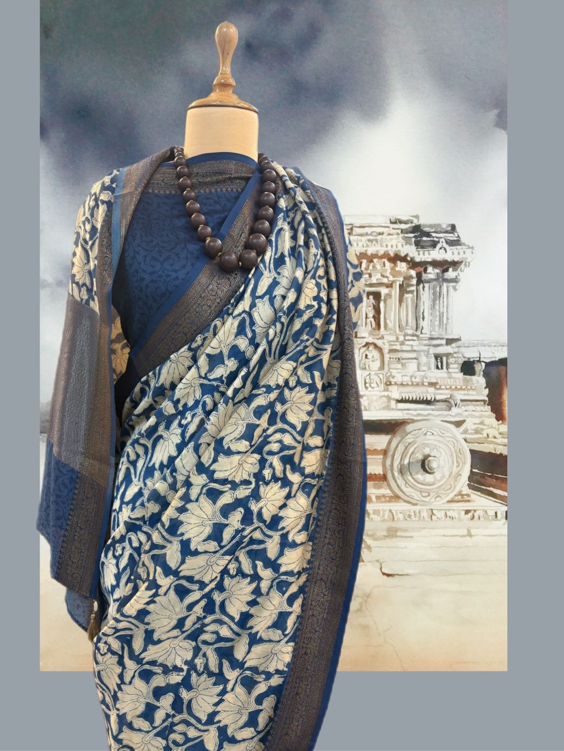 Nadia Blue Printed Cotton Saree