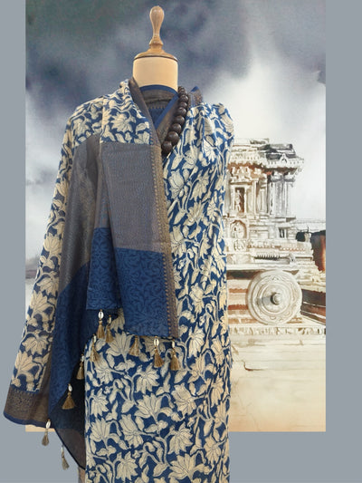 Nadia Blue Printed Cotton Saree