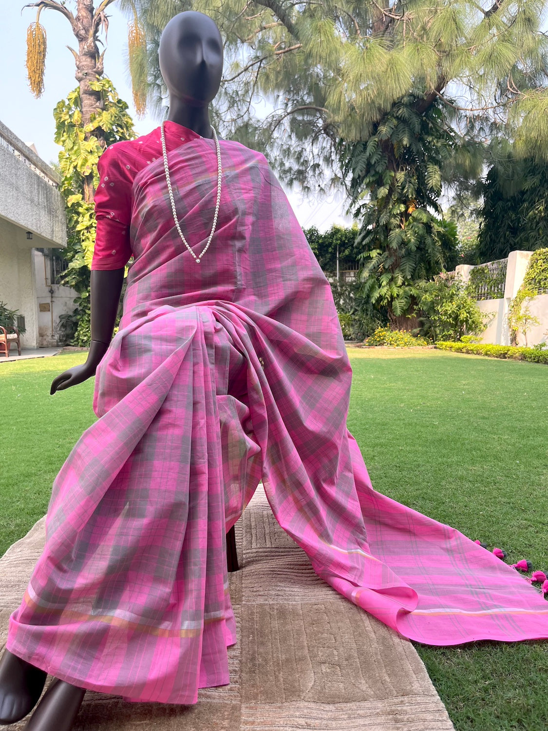 Pink Kanchi Cotton Checks Saree