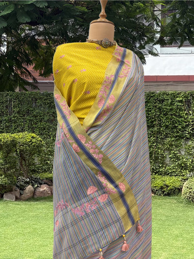 Grey & Yellow Embroidered Cotton Saree