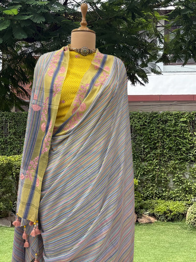 Grey & Yellow Embroidered Cotton Saree